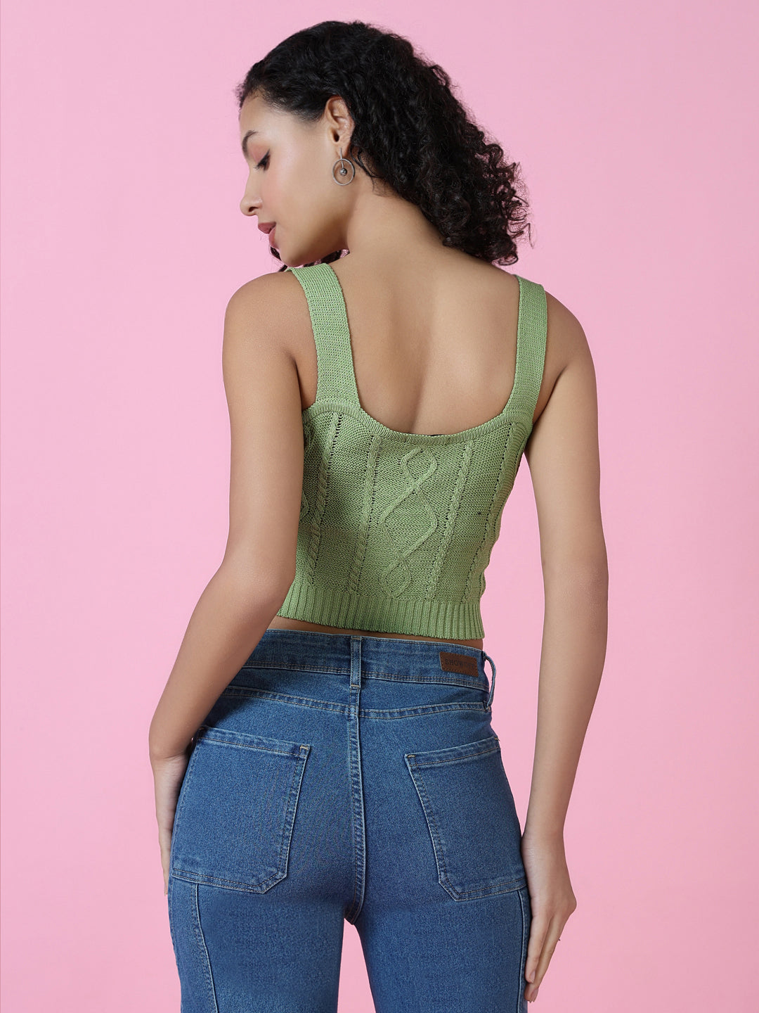 Women Green Solid Crochet Crop Top