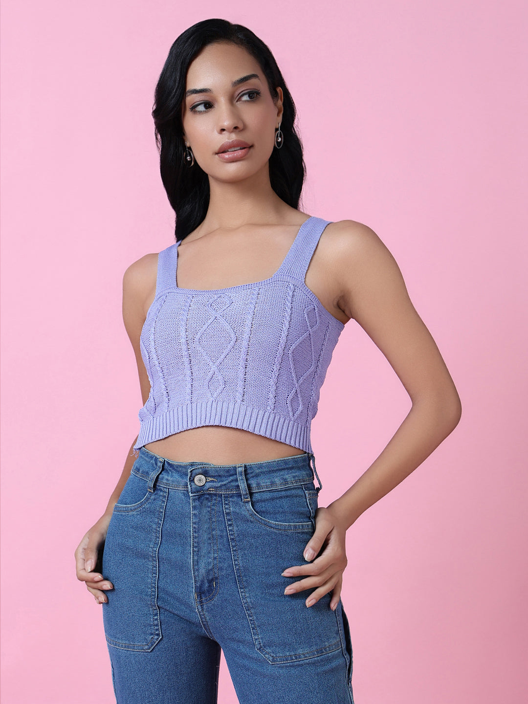 Women Lavender Solid Crochet Crop Top