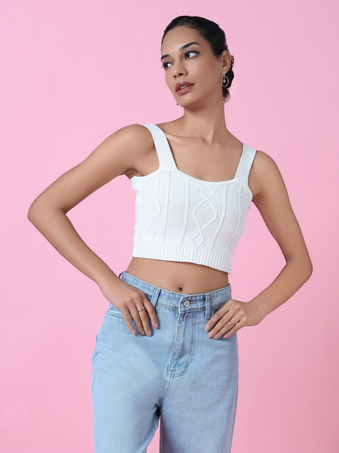 Women Off White Solid Crochet Crop Top