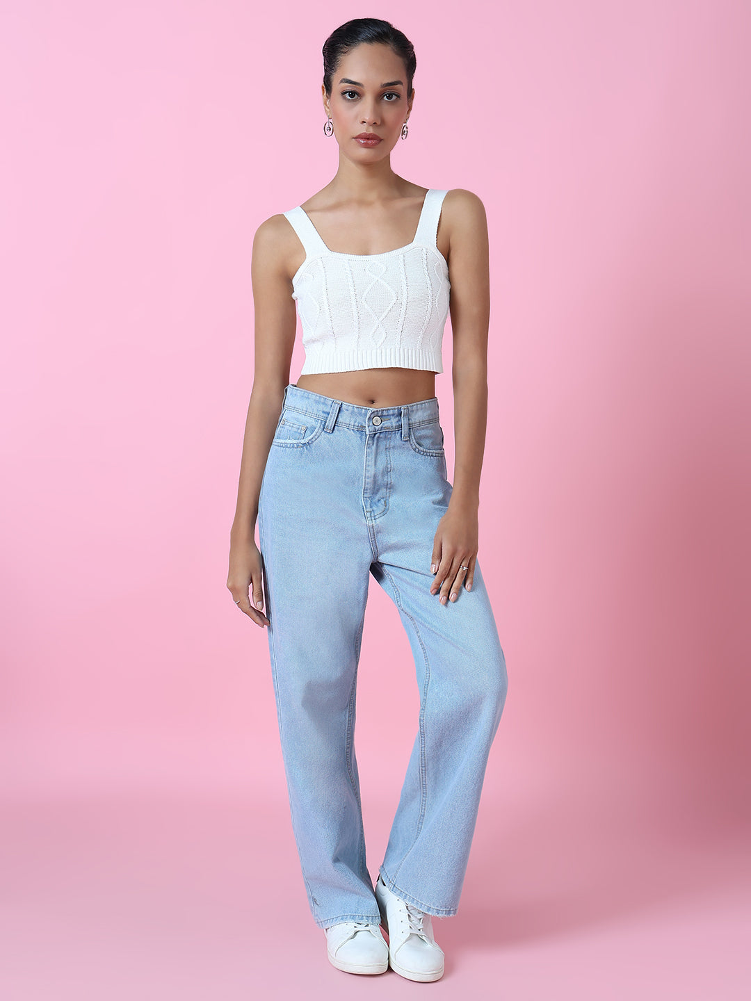 Women Off White Solid Crochet Crop Top