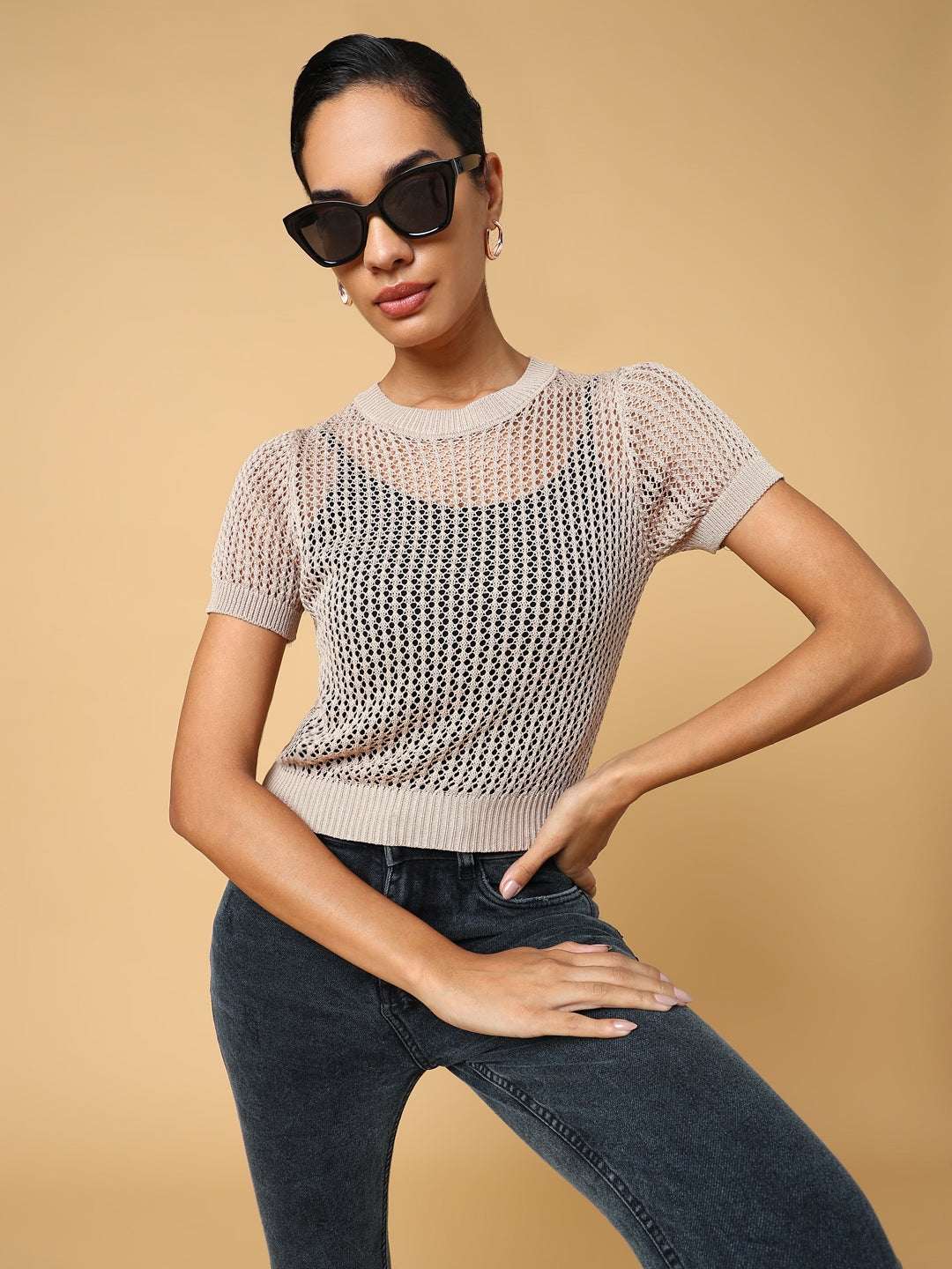 Women Beige Solid Crochet Top