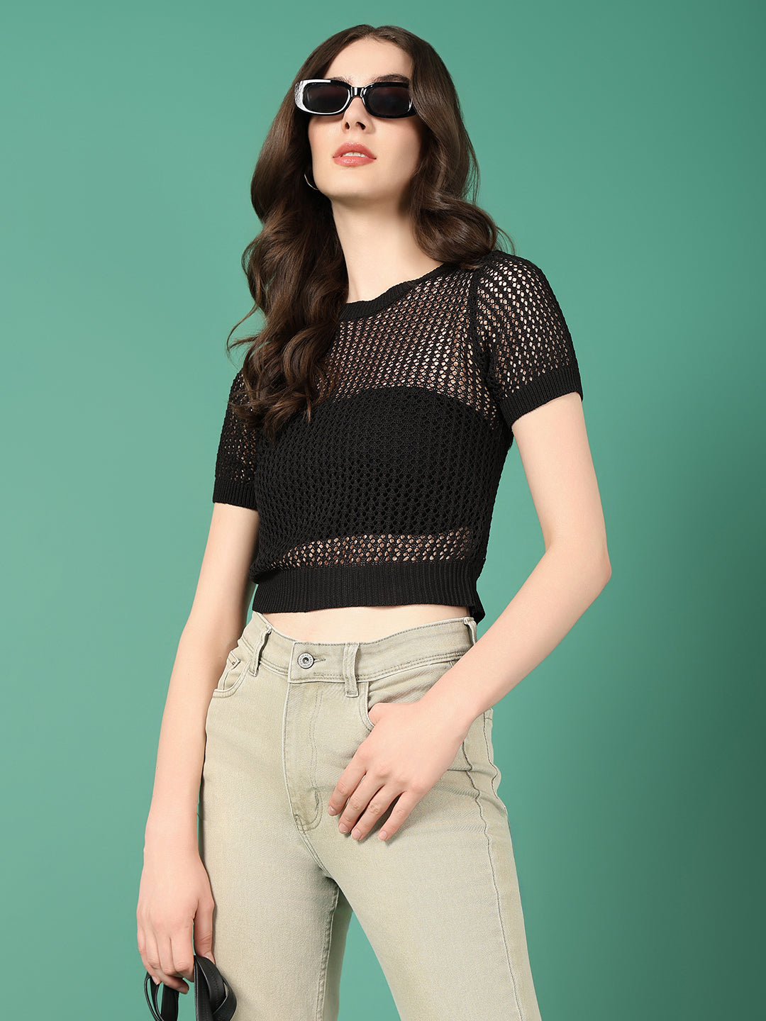 Women Black Solid Crochet Crop Top