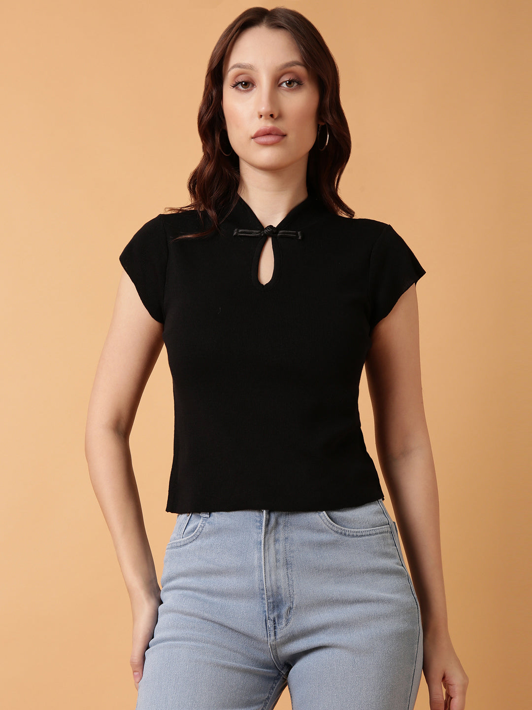 Women Black Solid Fitted Top