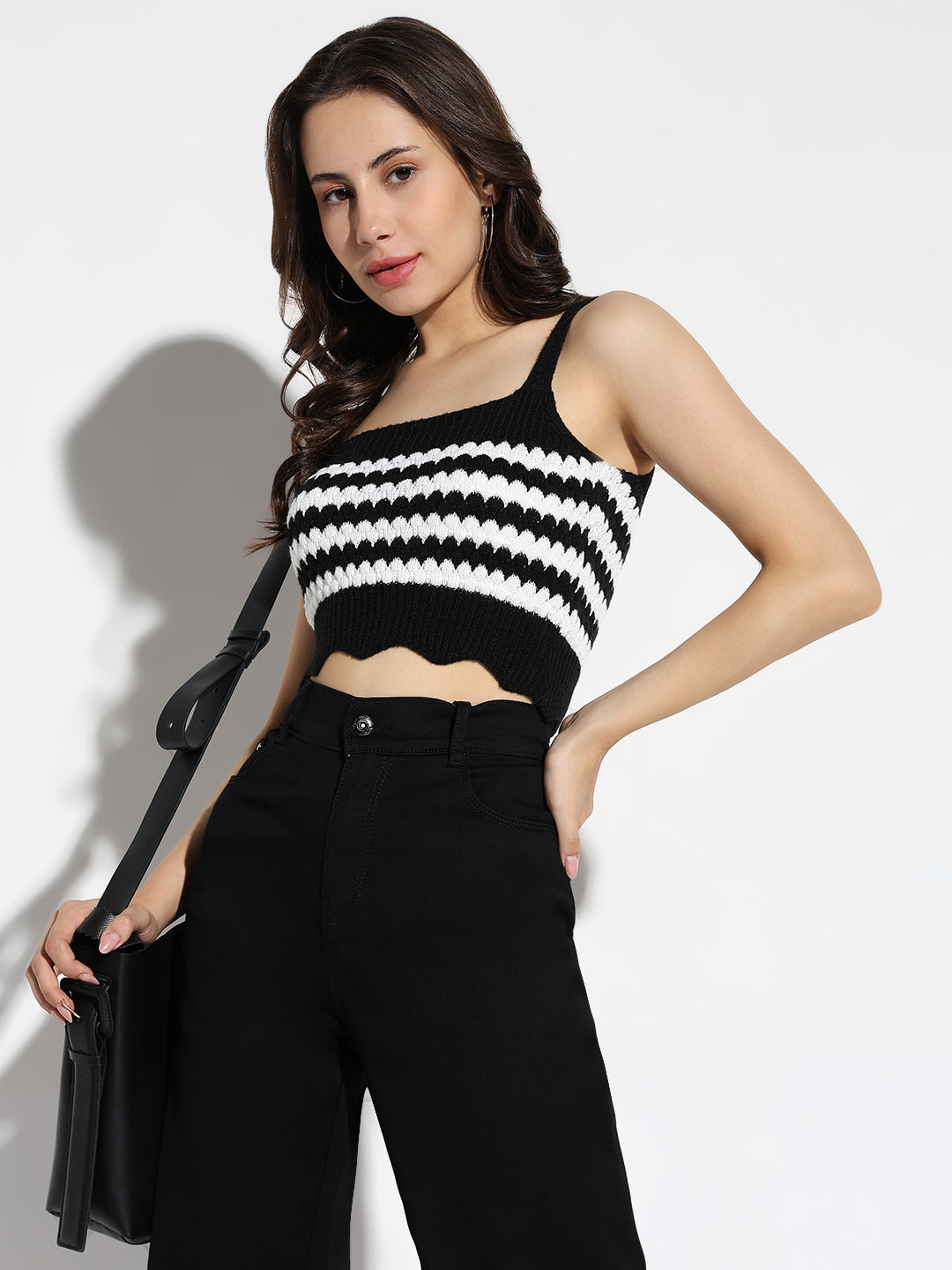 Women Black Striped Fitted Crop Top