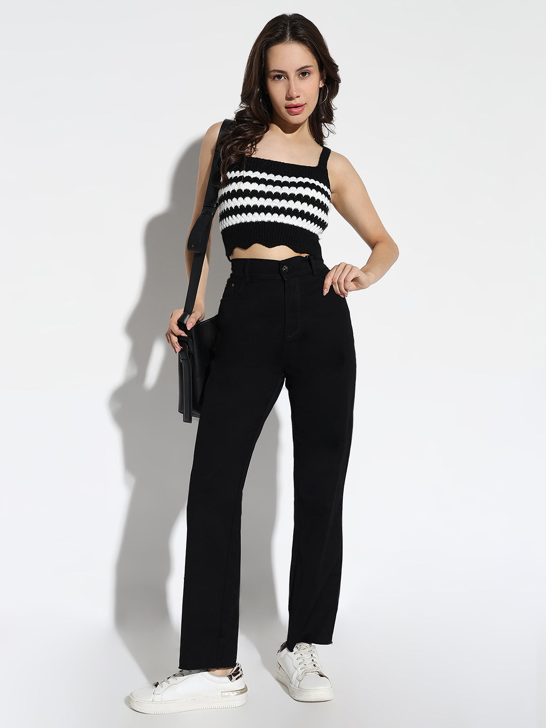 Women Black Striped Fitted Crop Top