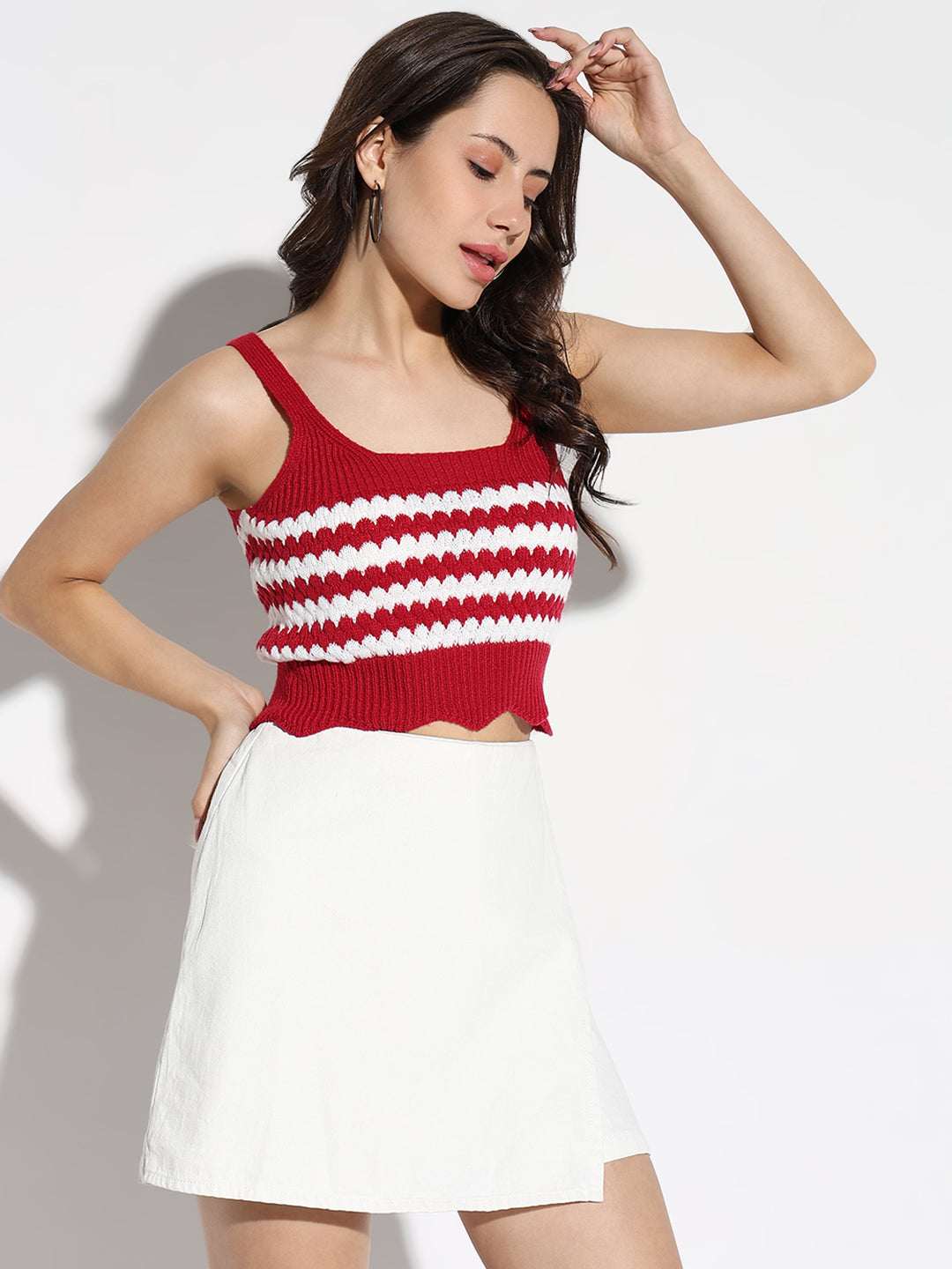 Women Red Striped Fitted Crop Top