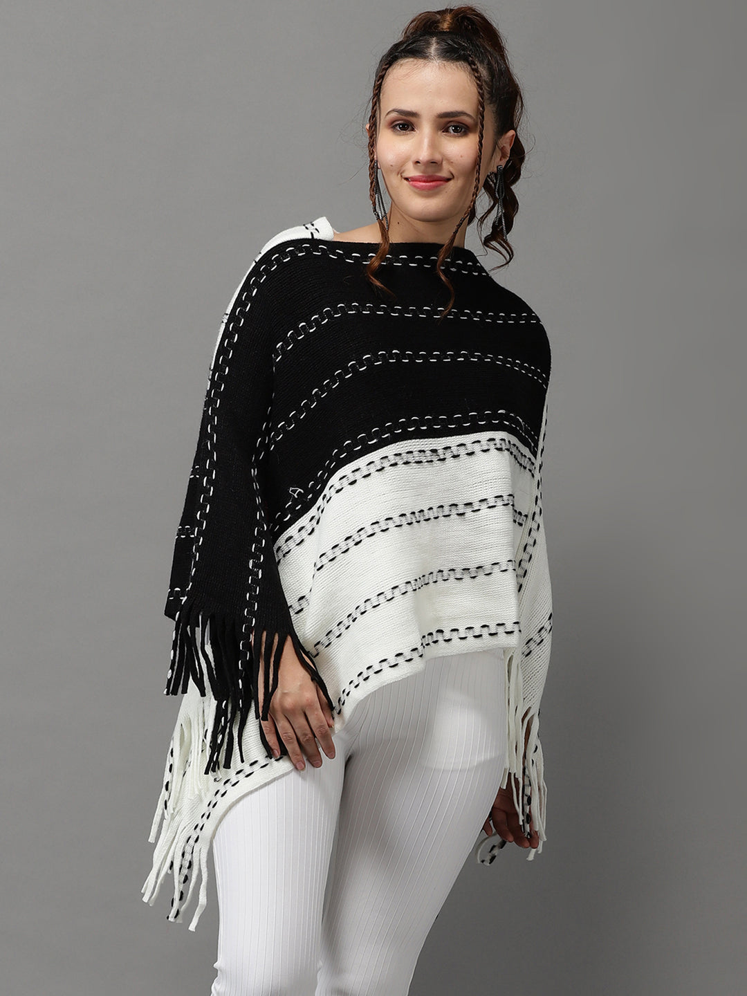 Women V-Neck Colourblocked Black Longline Poncho