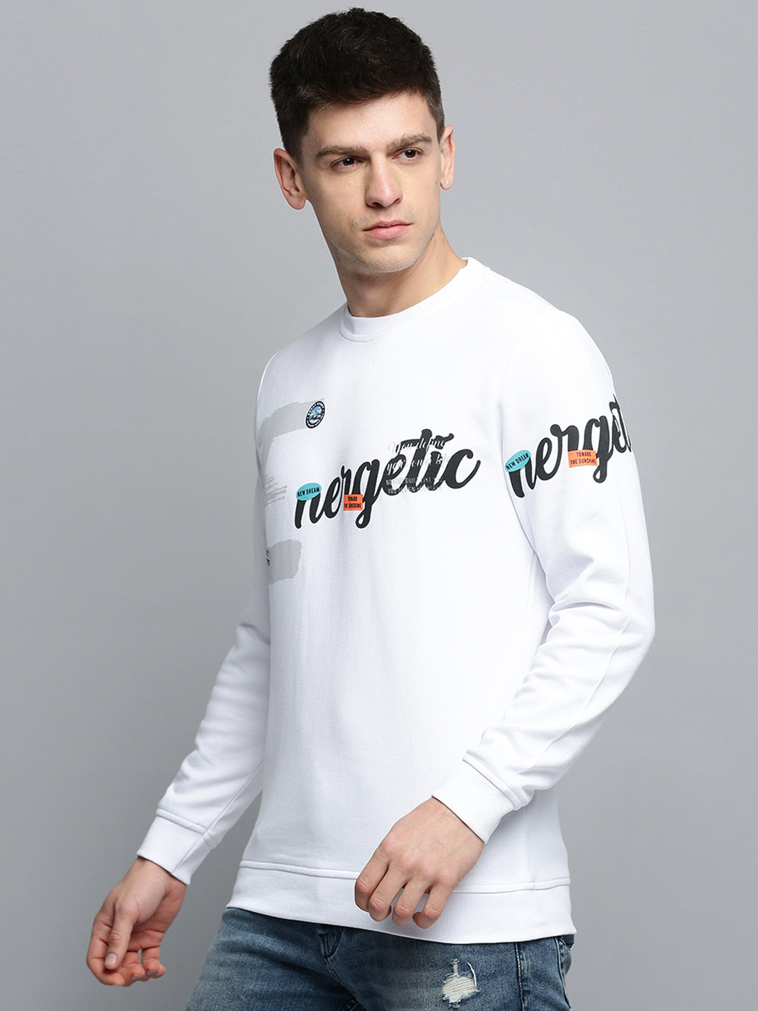 Men Round Neck Printed White Pullover