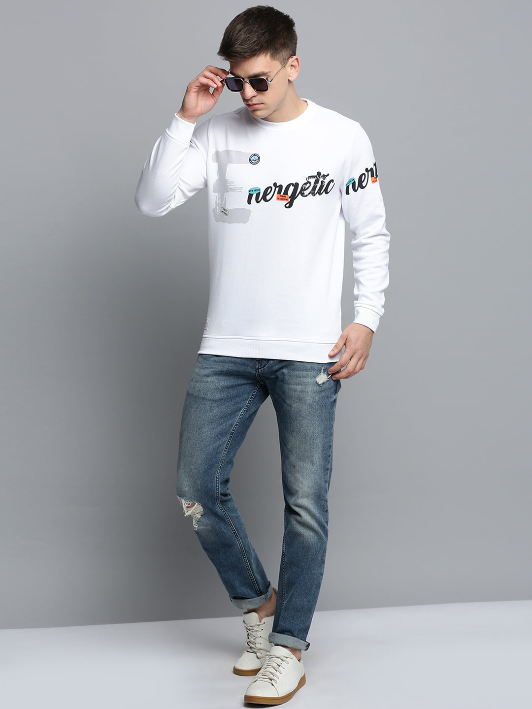 Men Round Neck Printed White Pullover