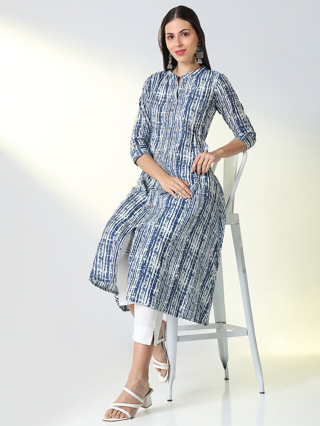 Women Blue Striped A Line Kurta