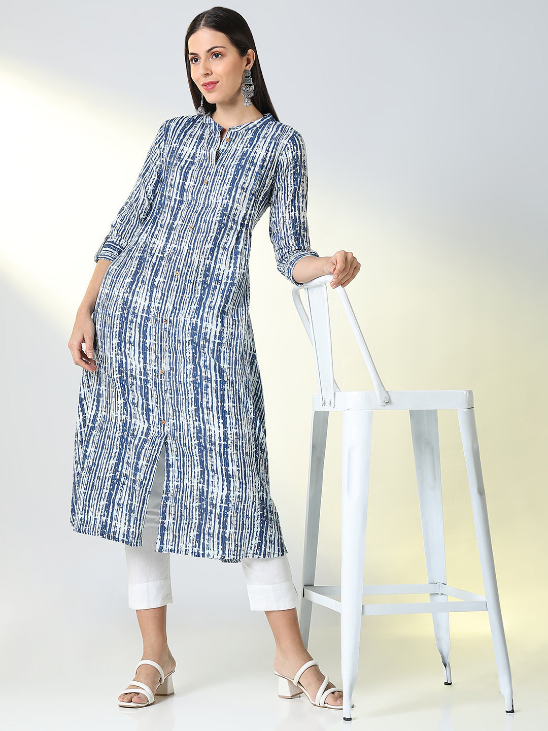 Women Blue Striped A Line Kurta