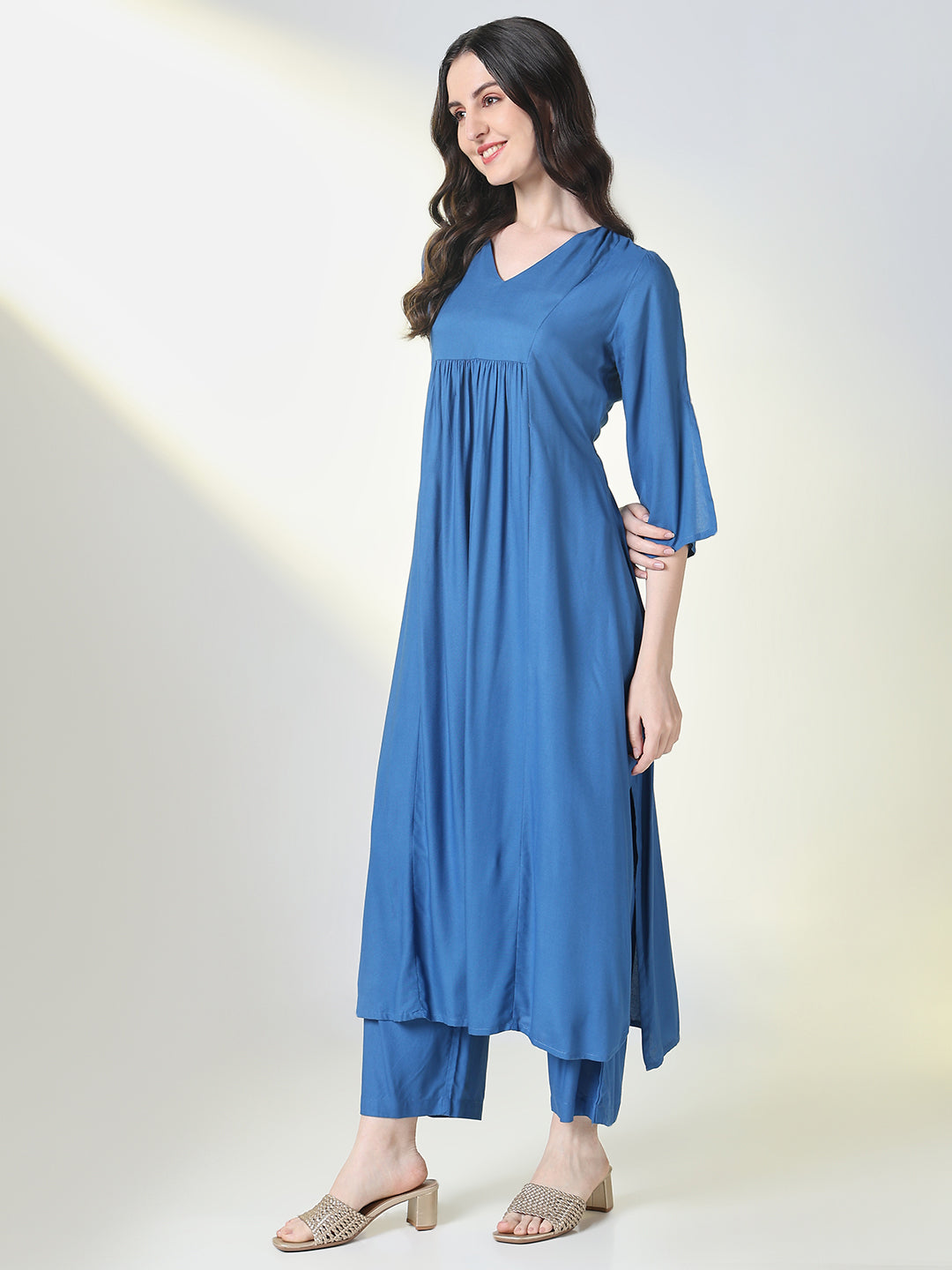 Women Blue Solid A Line Kurta Set