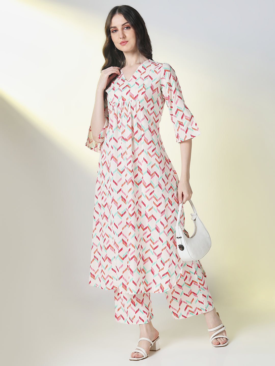 Women Cream Geometric A Line Kurta Set