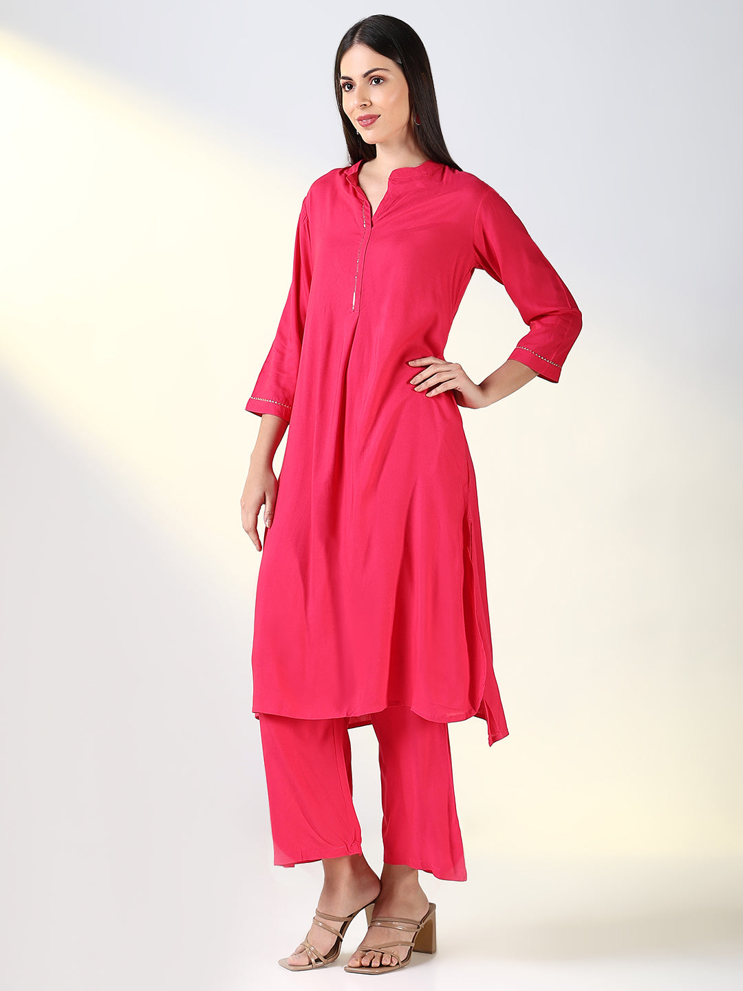 Women Pink Solid A Line Kurta Set