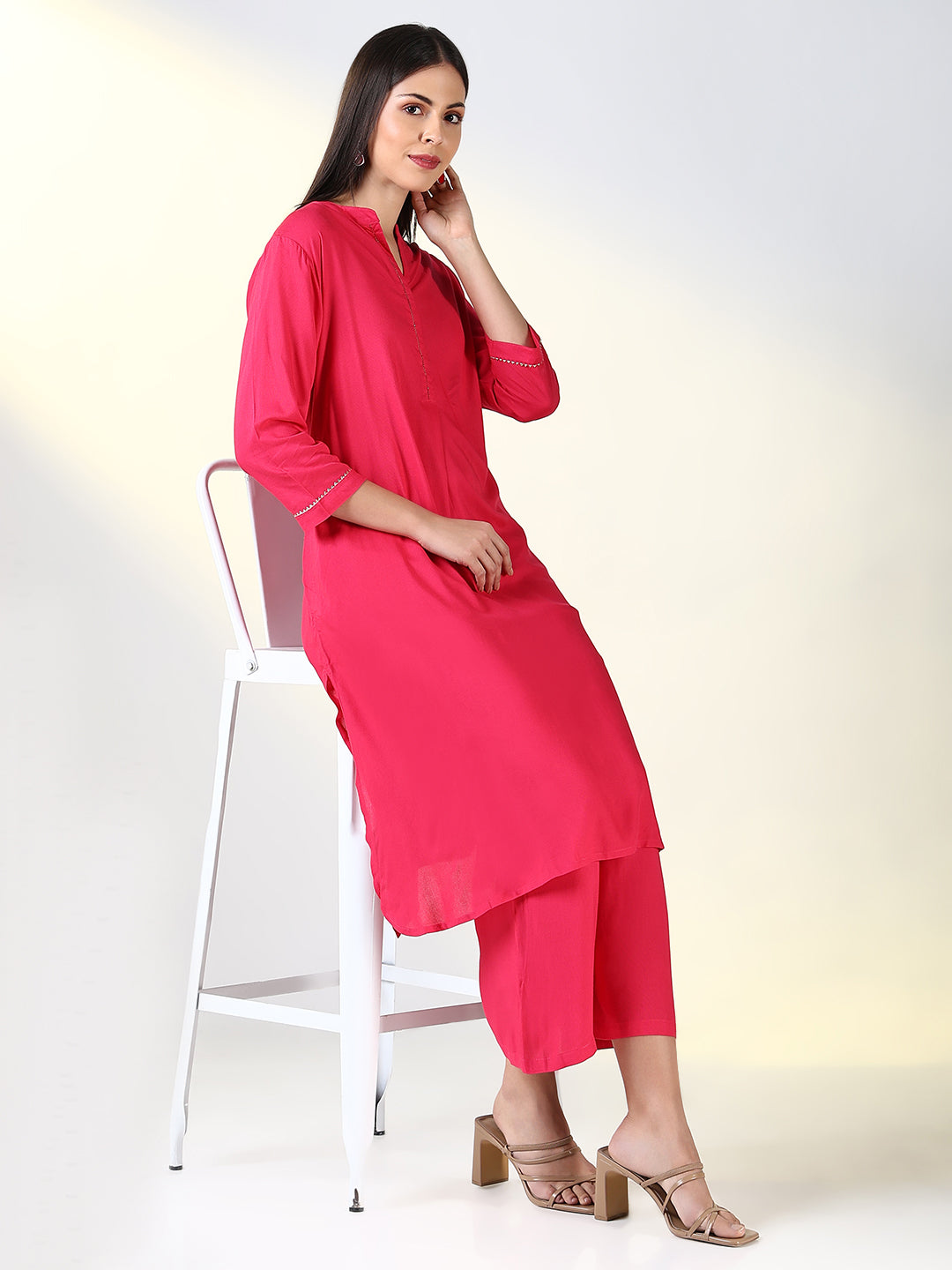 Women Pink Solid A Line Kurta Set