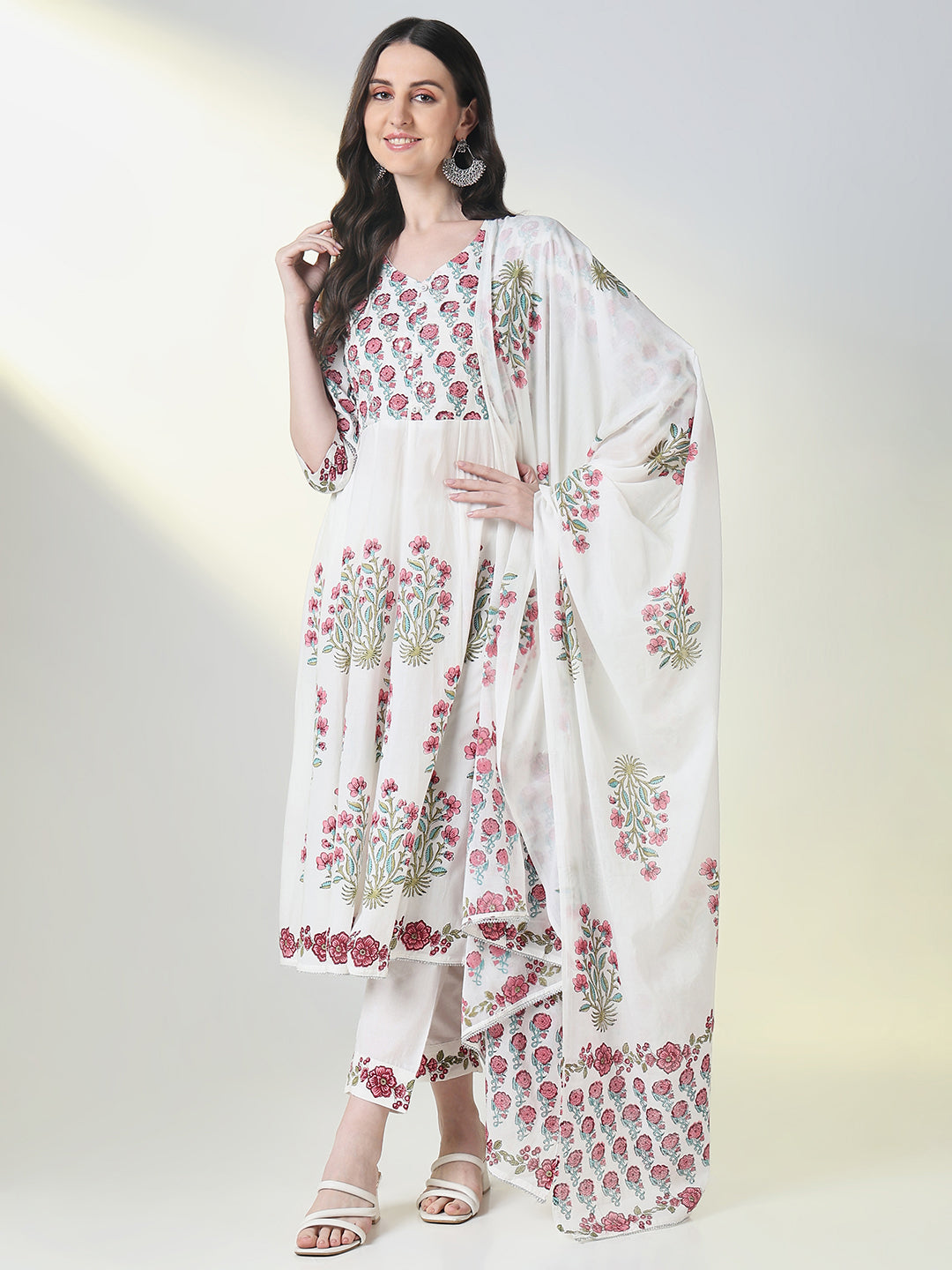 Women White Floral Anarkali Kurta Set with Dupatta