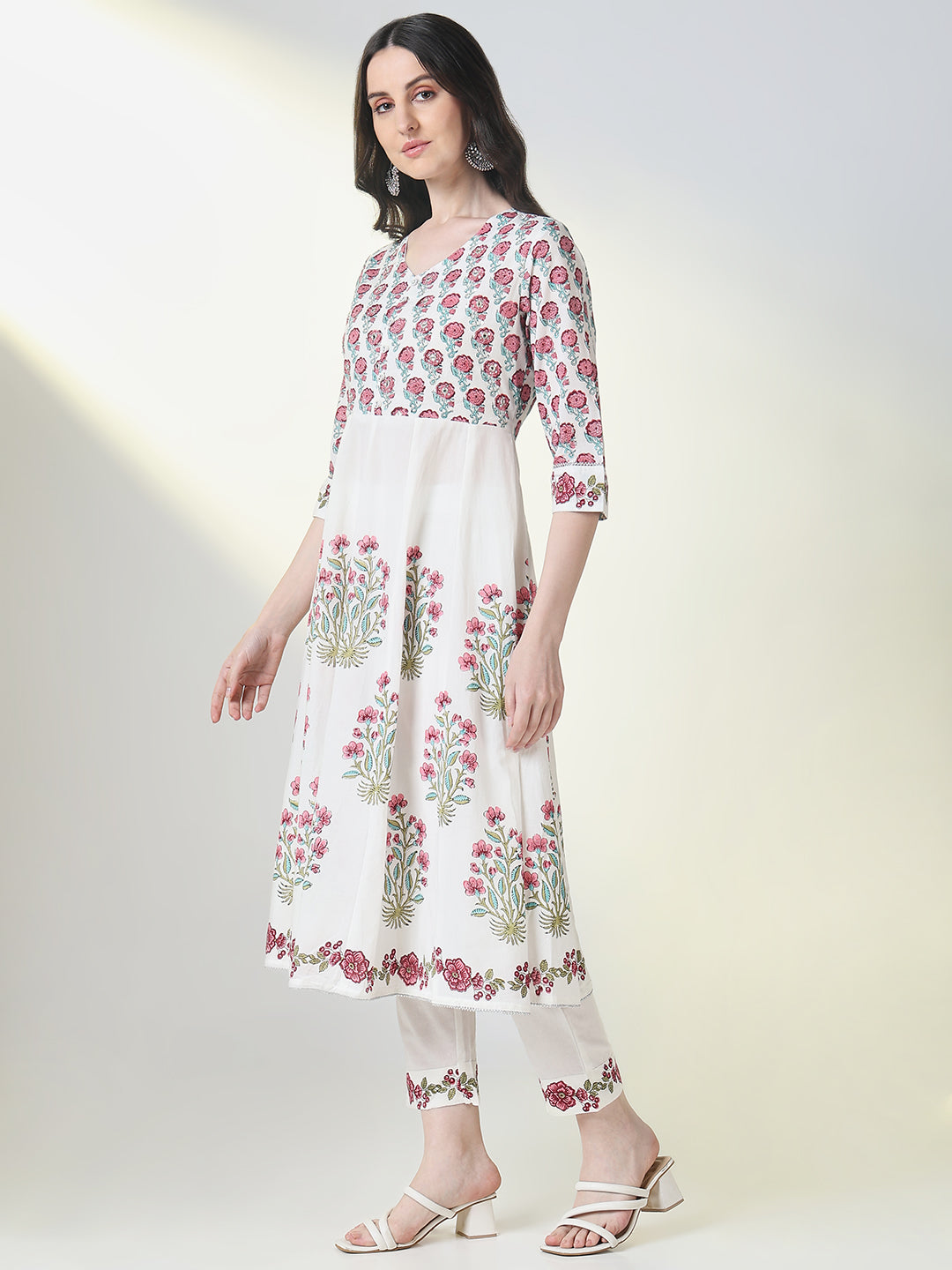 Women White Floral Anarkali Kurta Set with Dupatta