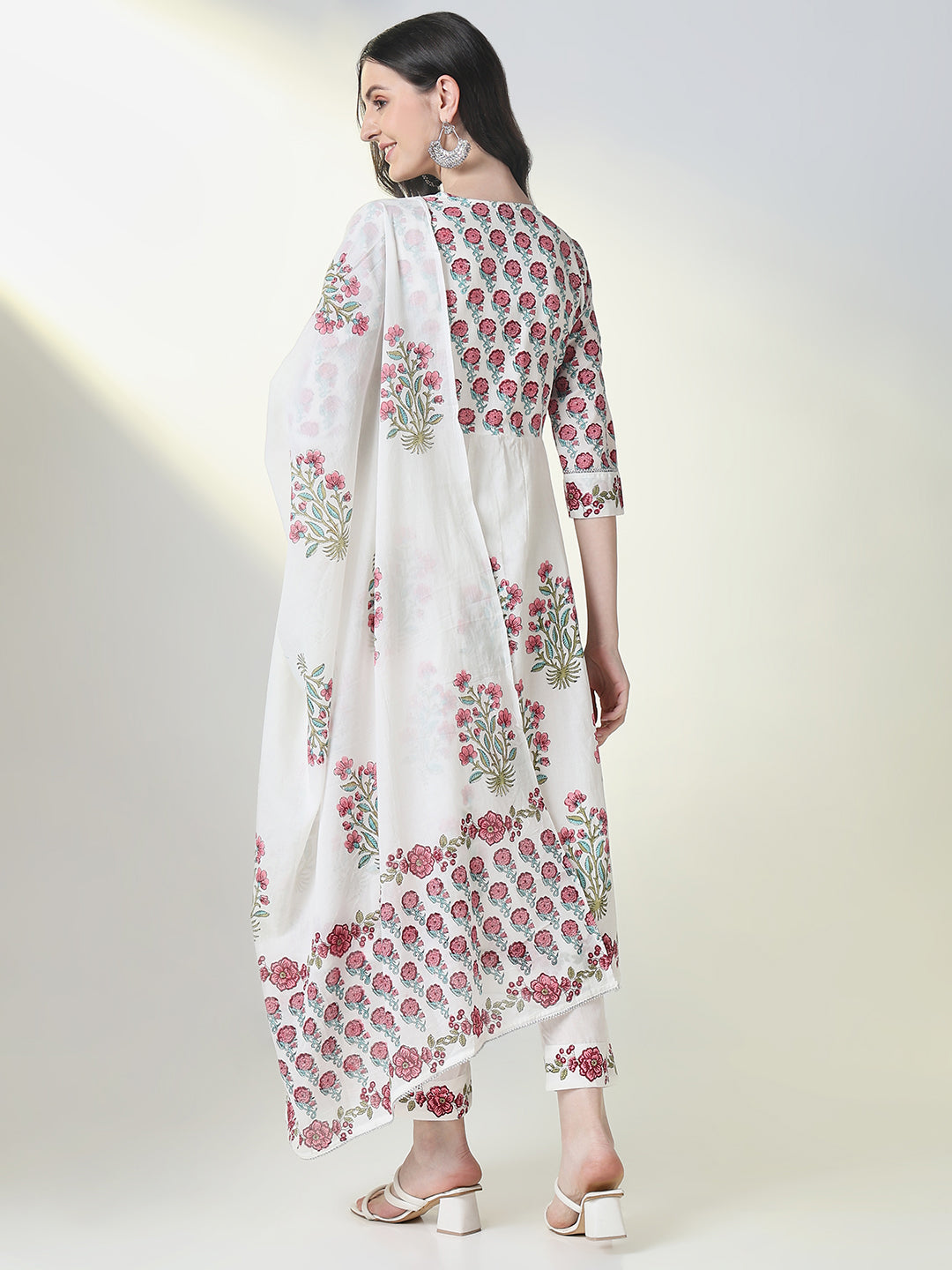 Women White Floral Anarkali Kurta Set with Dupatta