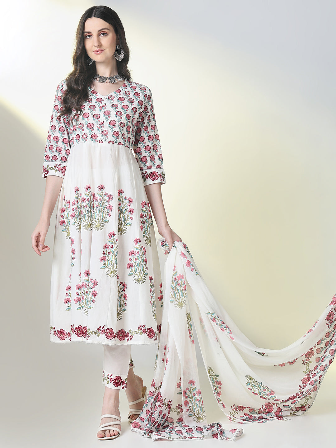 Women White Floral Anarkali Kurta Set with Dupatta