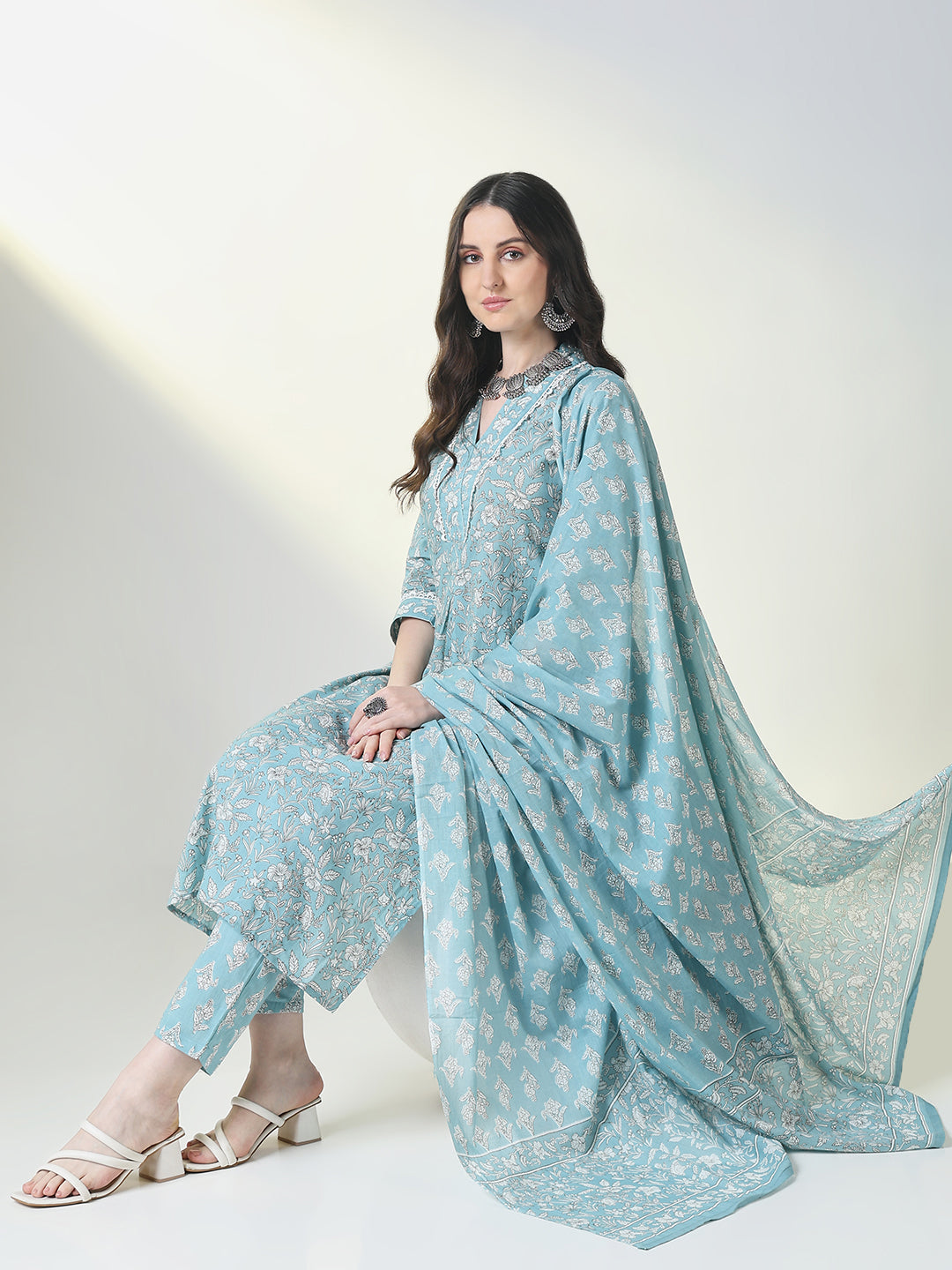 Women Blue Floral Straight Kurta Set with Dupatta