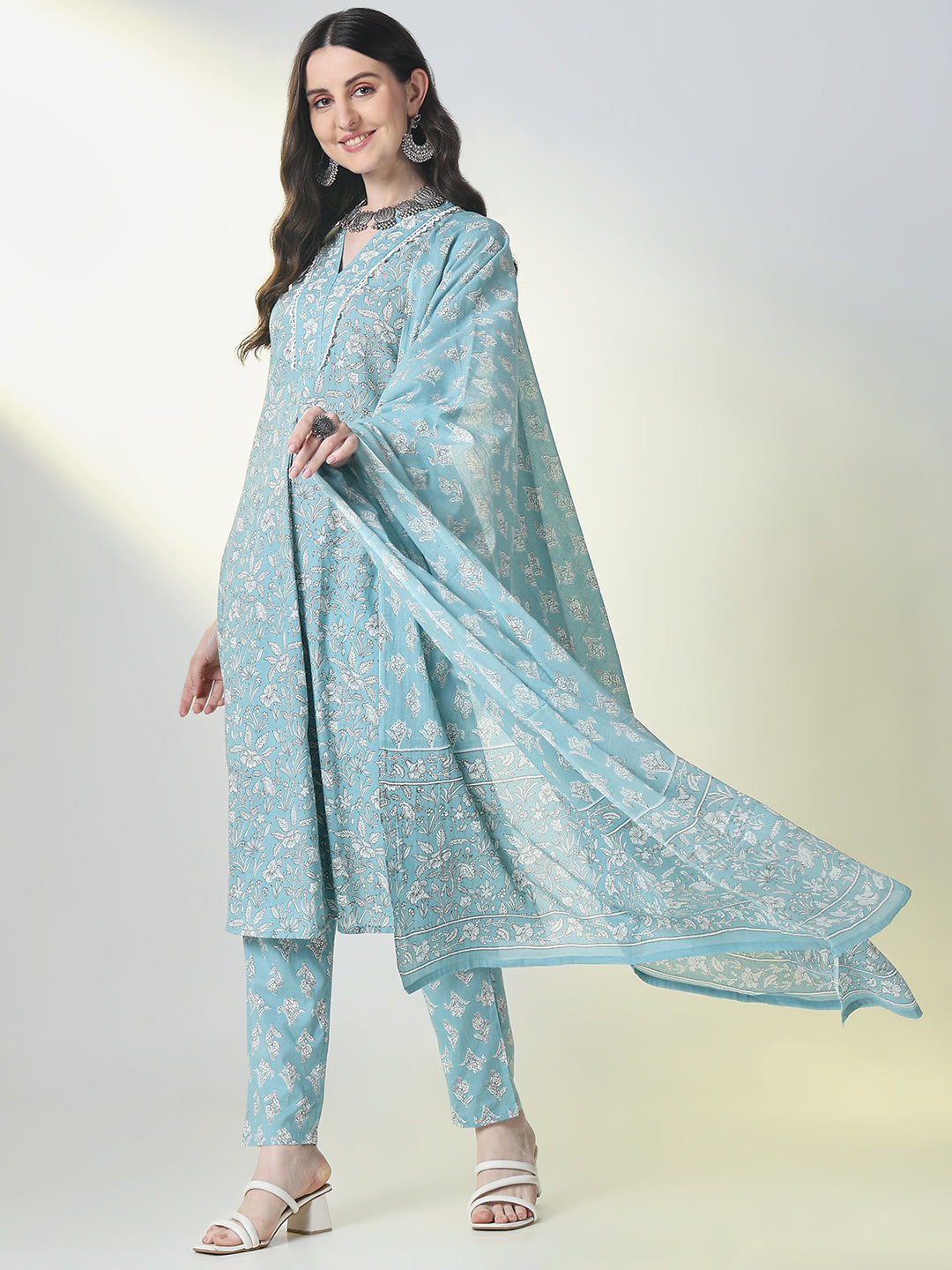 Women Blue Floral Straight Kurta Set with Dupatta