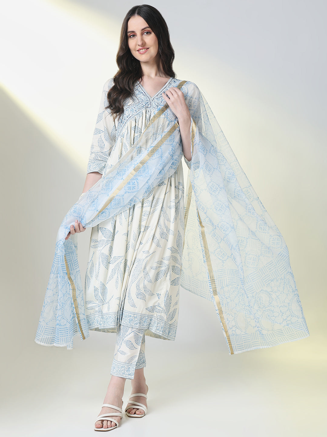 Women White Floral A Line Kurta Set with Dupatta