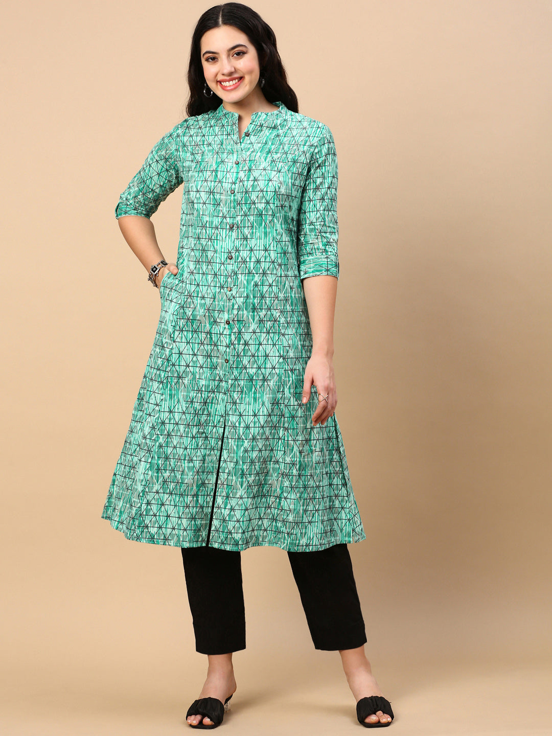 Women Turquoise Blue Geometric A Line Kurta