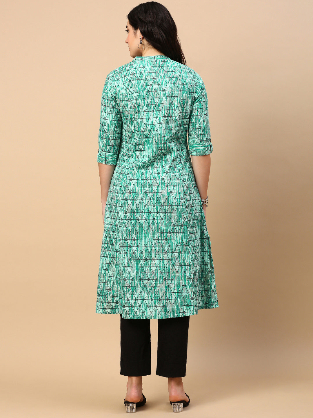 Women Turquoise Blue Geometric A Line Kurta