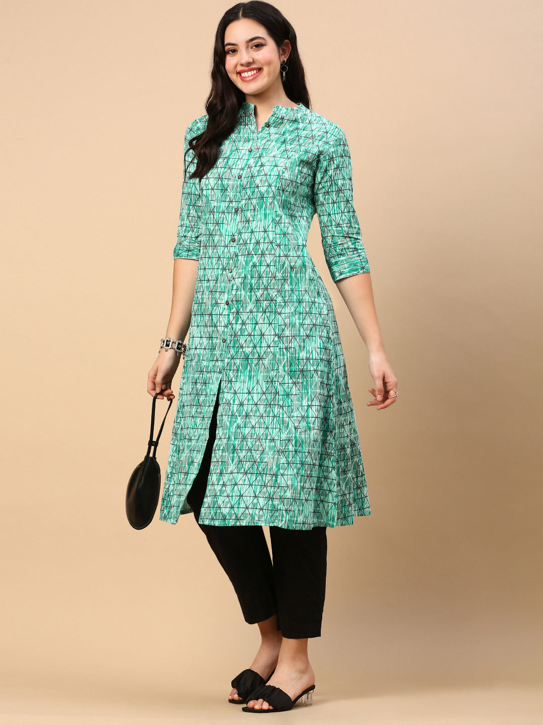 Women Turquoise Blue Geometric A Line Kurta