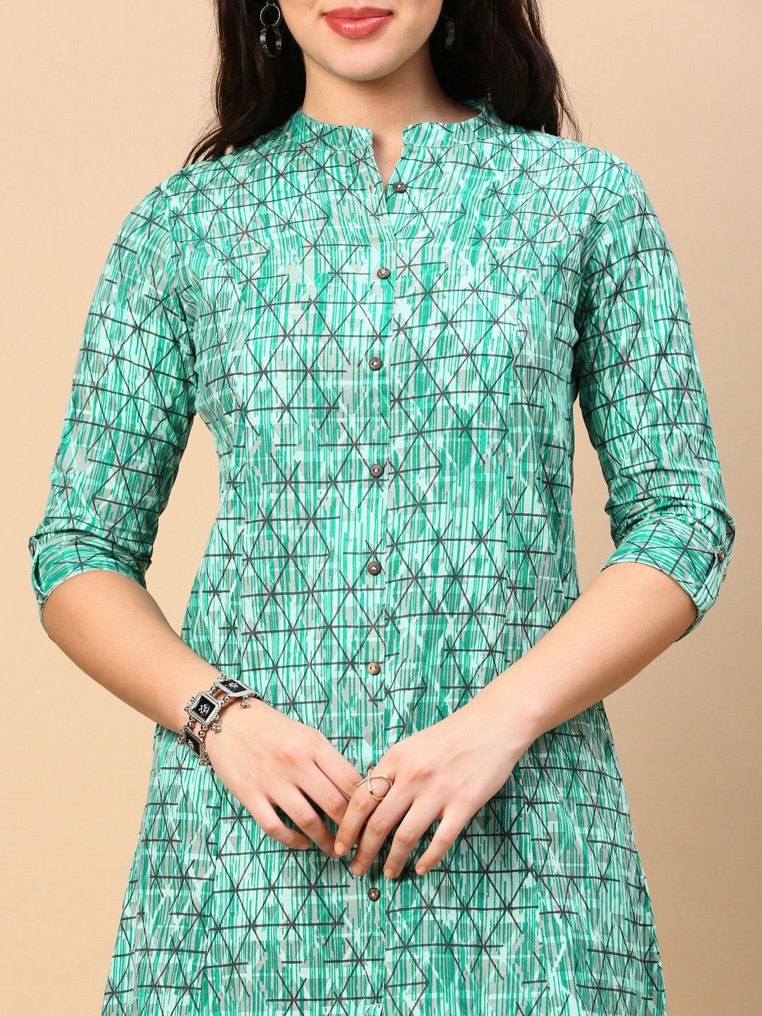 Women Turquoise Blue Geometric A Line Kurta