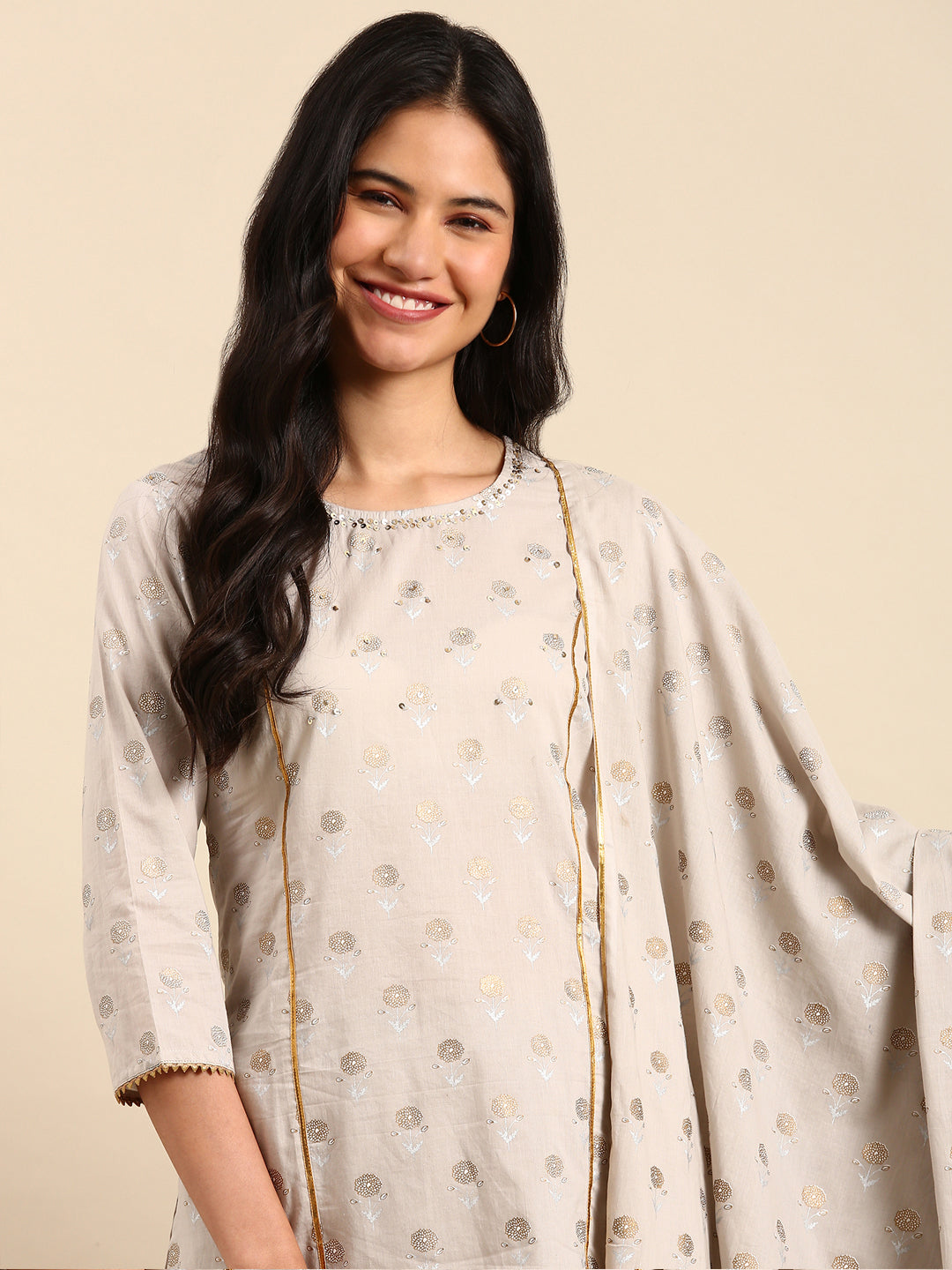 Women Floral Cream Straight Kurta Set with Dupatta