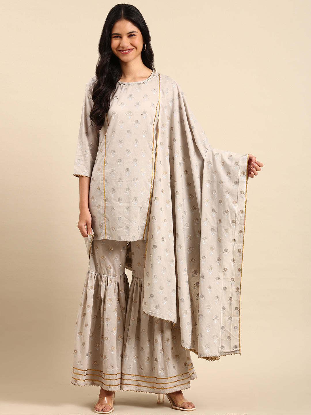 Women Floral Cream Straight Kurta Set with Dupatta