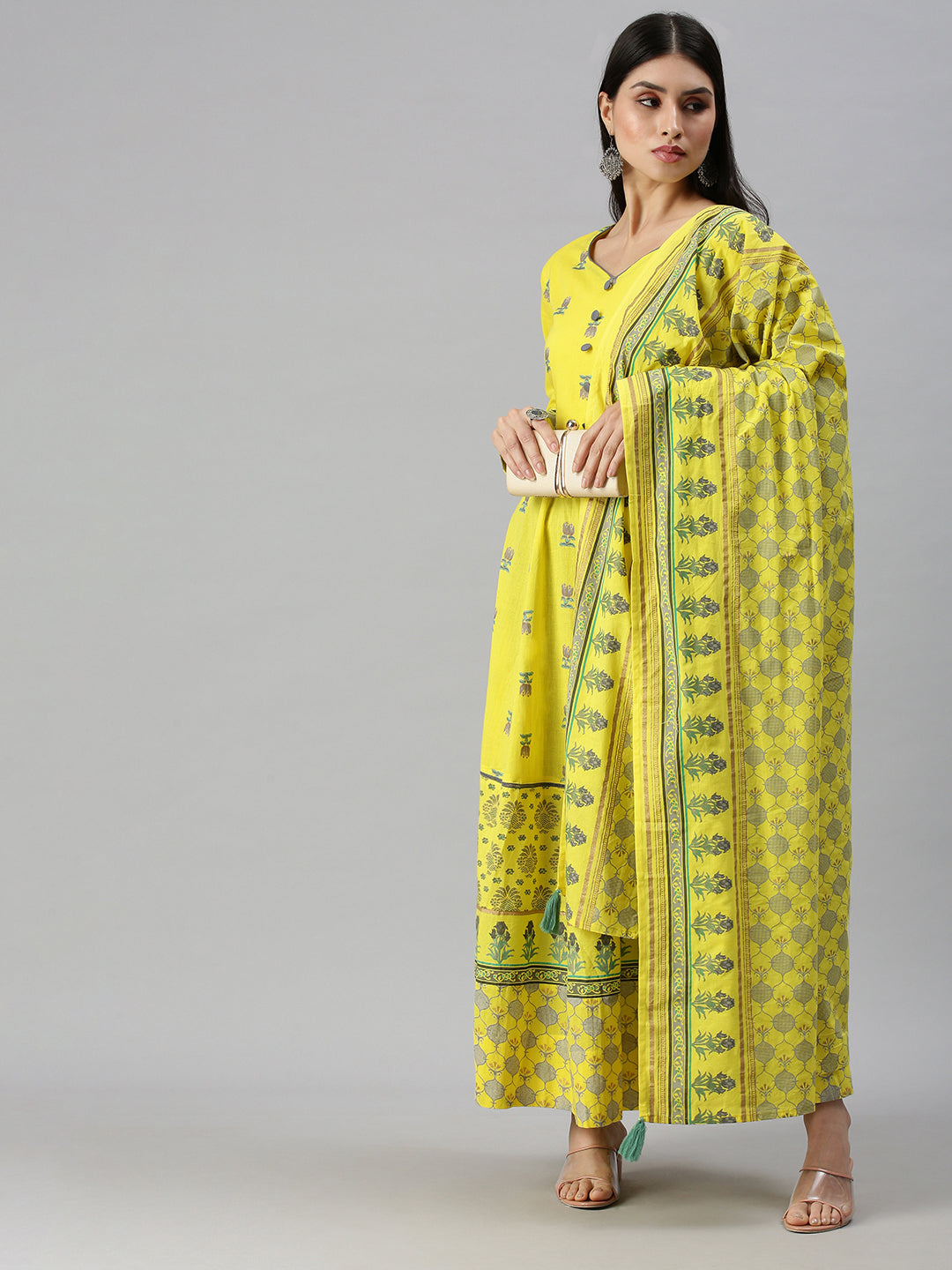 Women V-Neck Floral Yellow Anarkali Kurta and Trouser