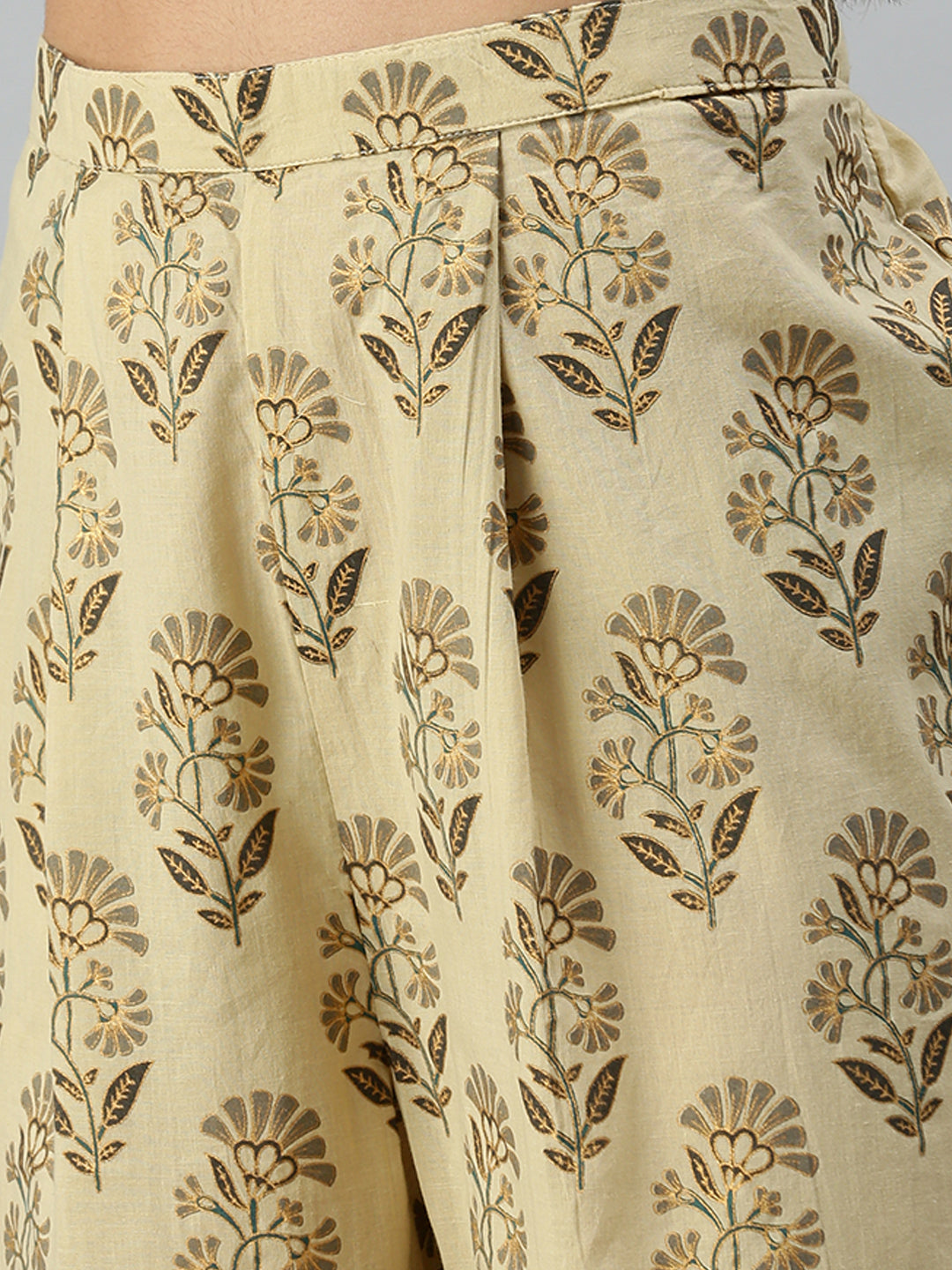 Women Straight Beige Printed Kurta and Trousers