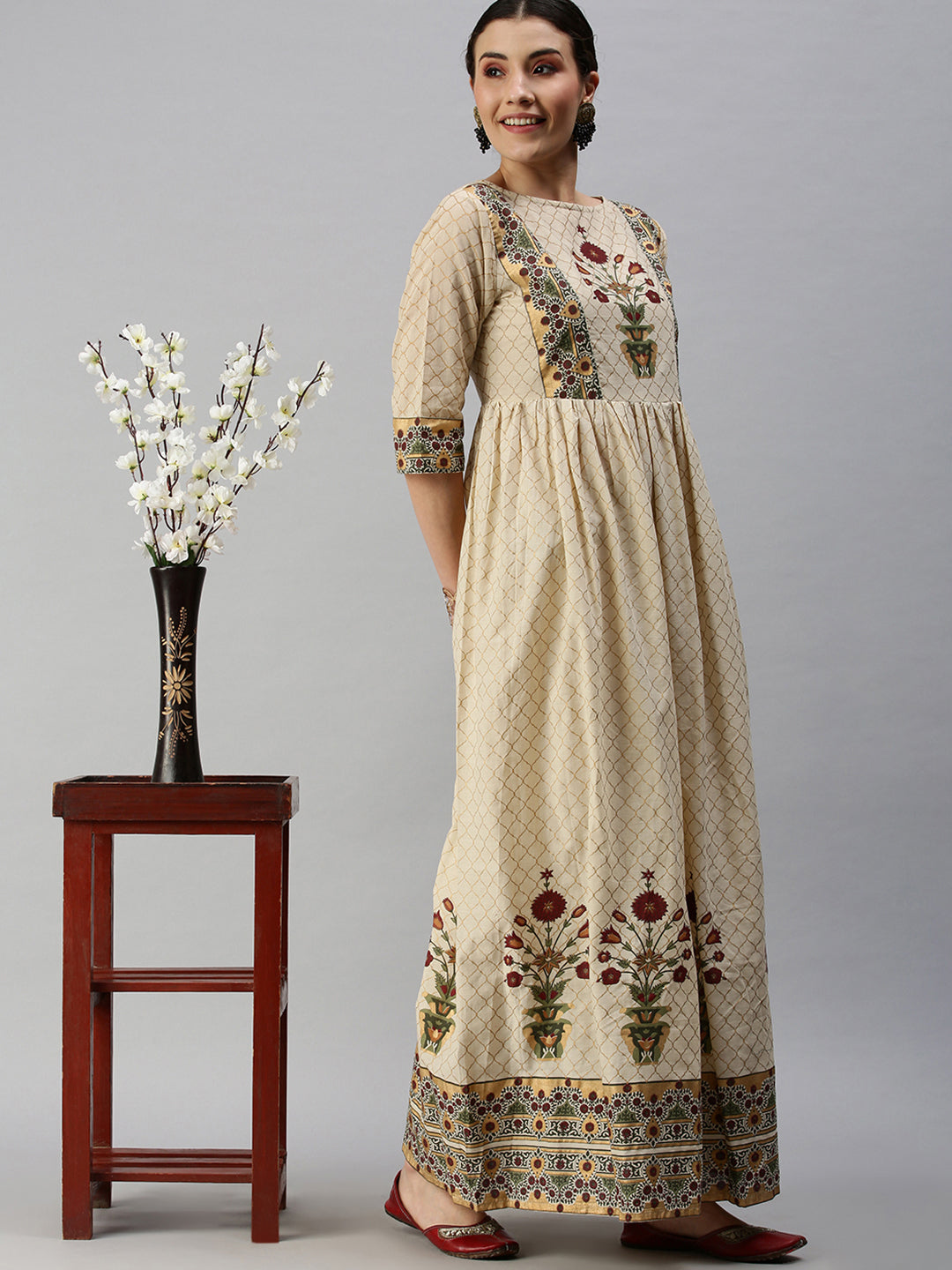 Women Printed Beige Anarkali Kurta