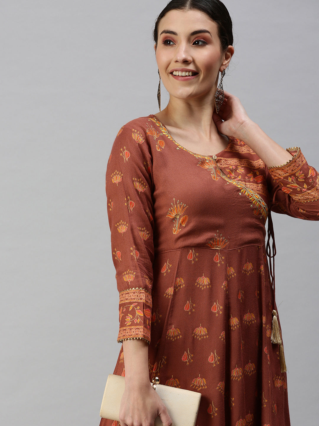 Women V-Neck Printed Rust Anarkali Kurta