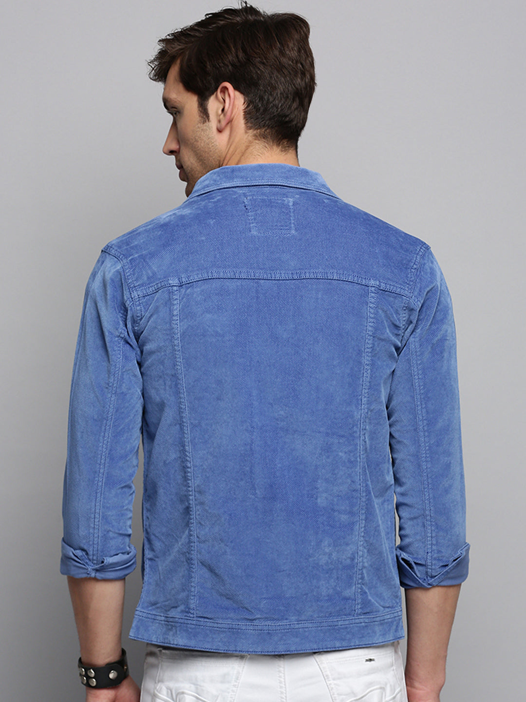 Men Spread Collar Solid Blue Open Front Jacket
