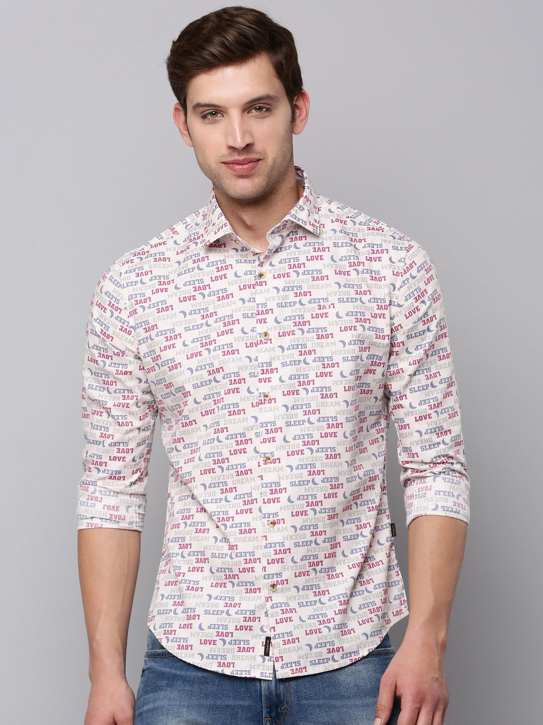 Men Spread Collar Printed Pink Shirt