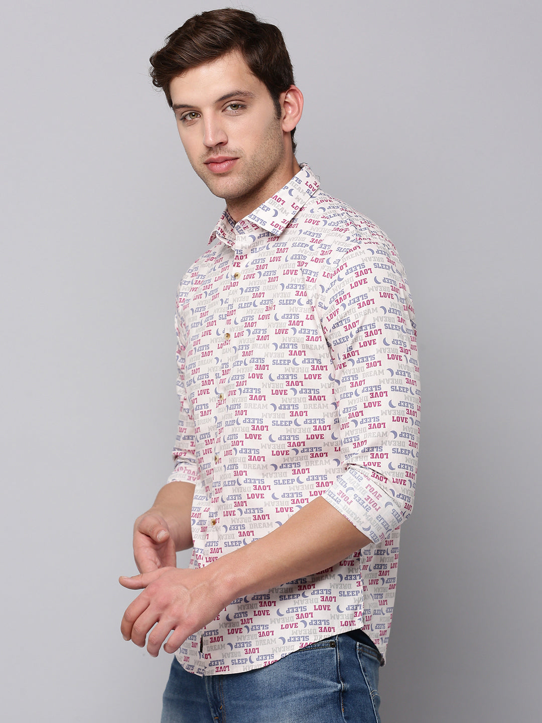 Men Spread Collar Printed Pink Shirt