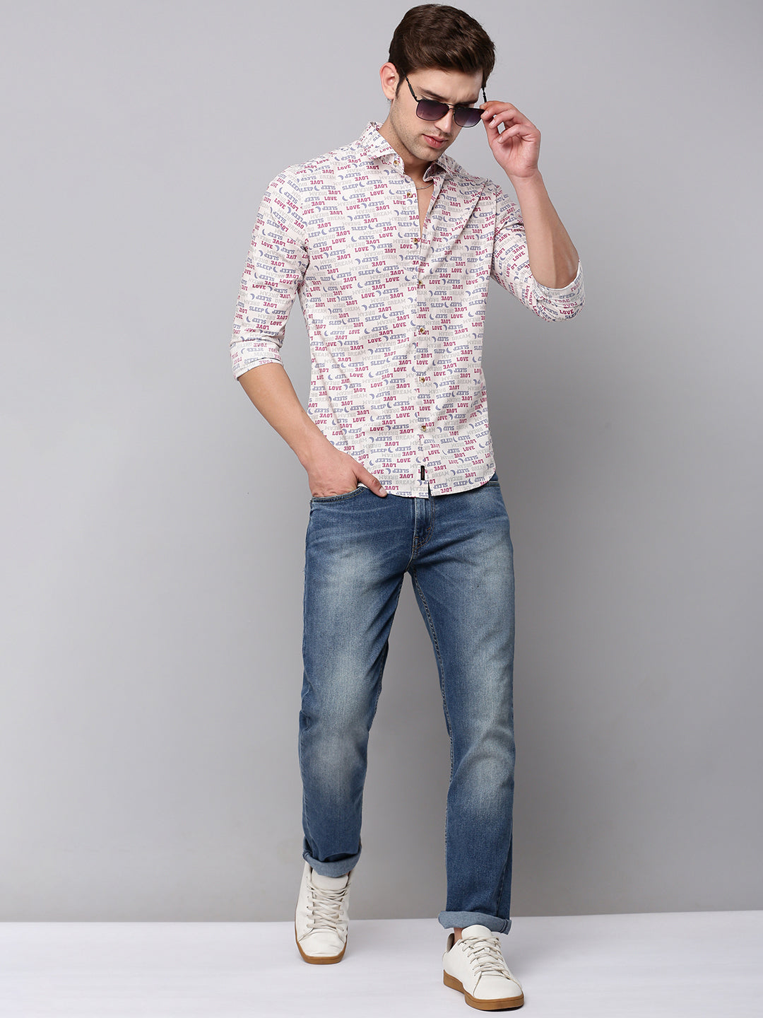 Men Spread Collar Printed Pink Shirt