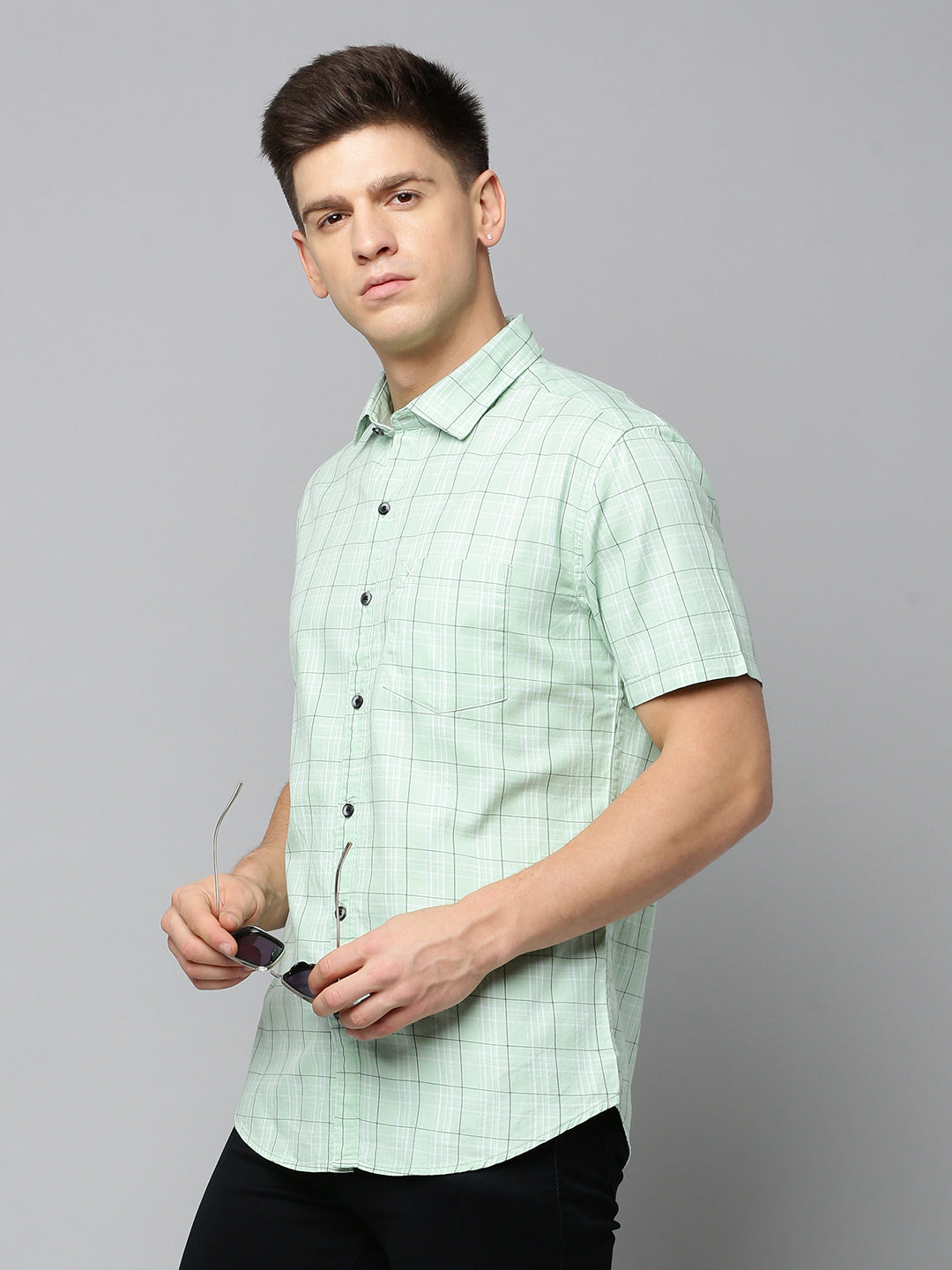 Men Spread Collar Checked Sea Green Shirt