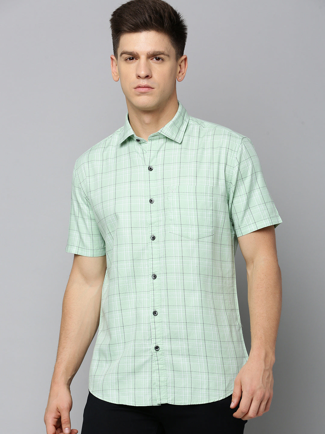 Men Spread Collar Checked Sea Green Shirt