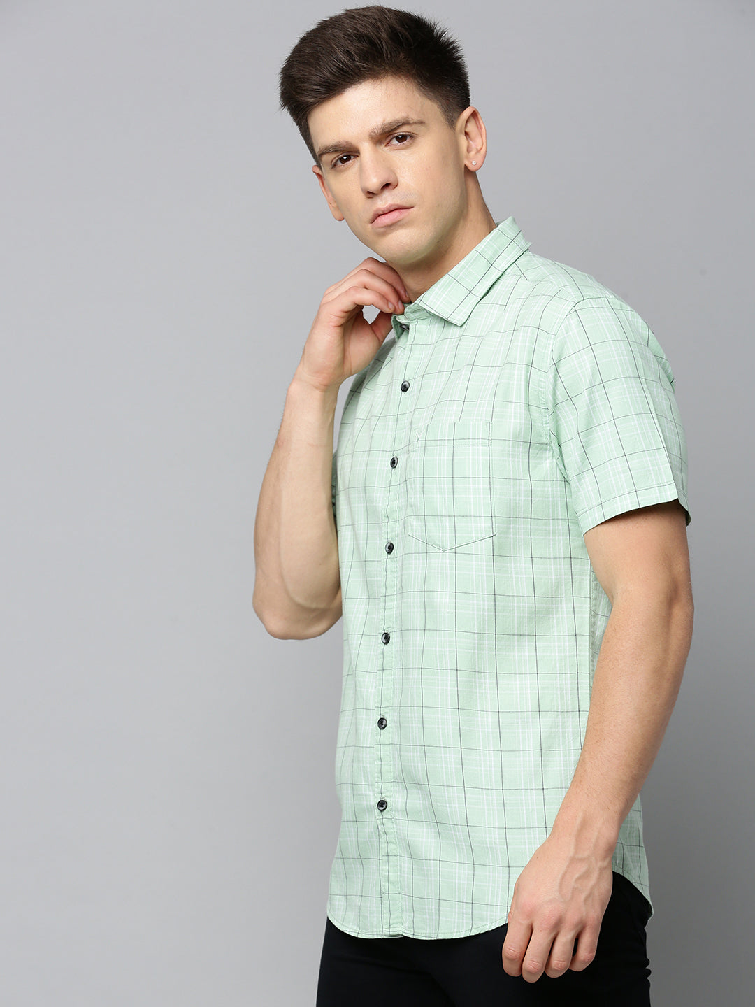 Men Spread Collar Checked Sea Green Shirt