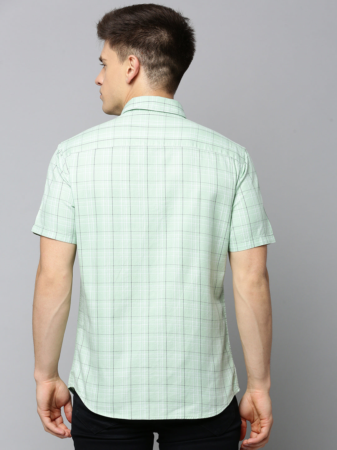 Men Spread Collar Checked Sea Green Shirt