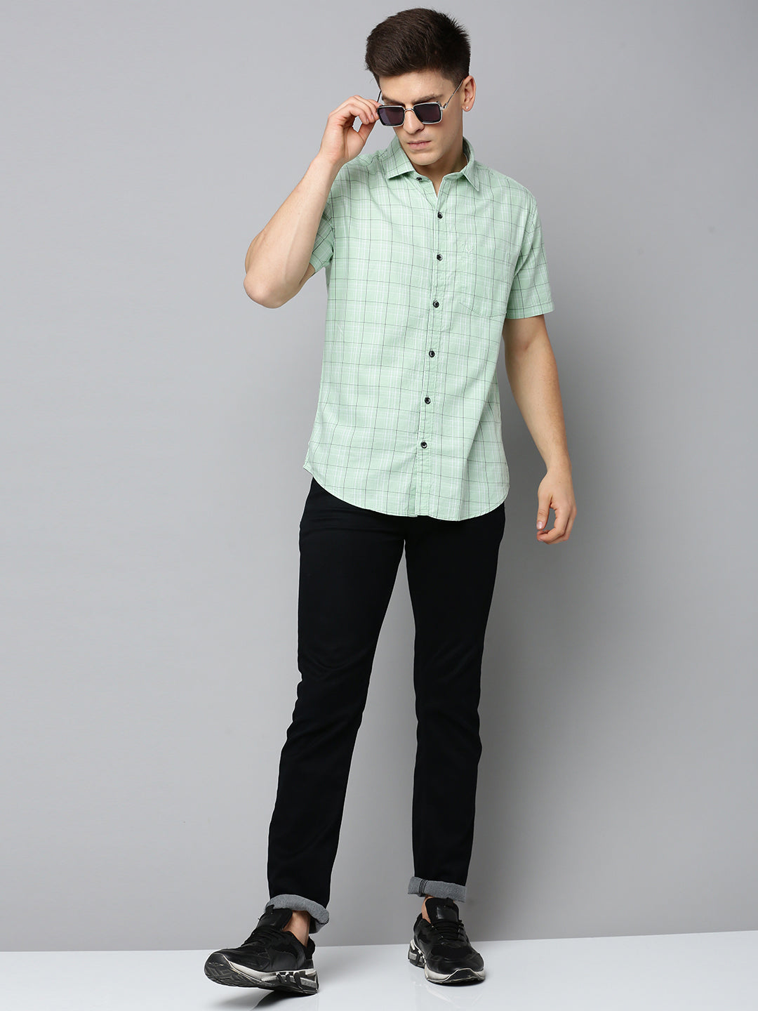 Men Spread Collar Checked Sea Green Shirt