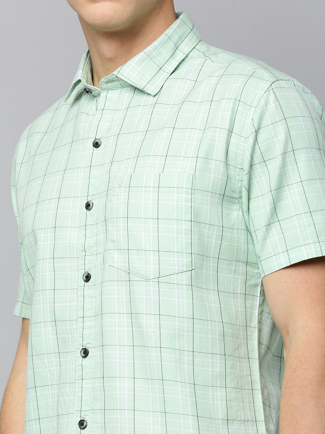 Men Spread Collar Checked Sea Green Shirt