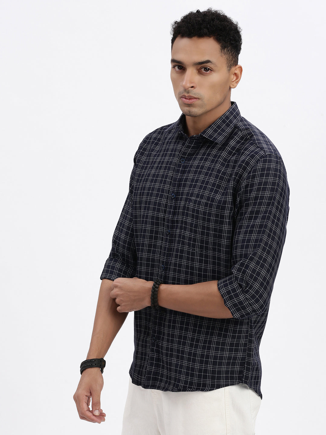 Men Navy Blue Checked Slim Fit Shirt