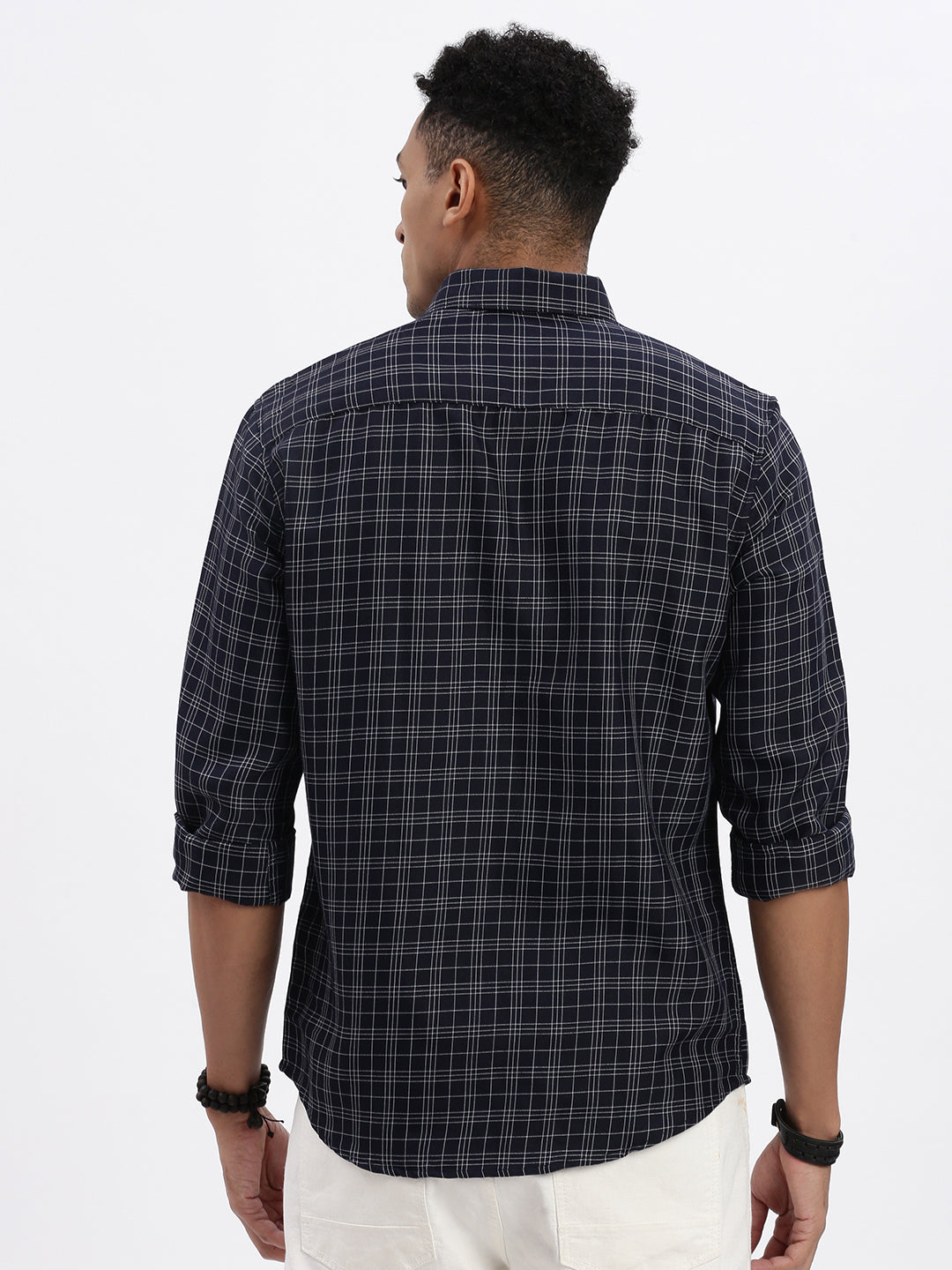 Men Navy Blue Checked Slim Fit Shirt