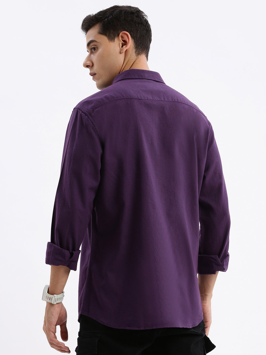 Men Spread Collar Solid Slim Fit Purple Shirt