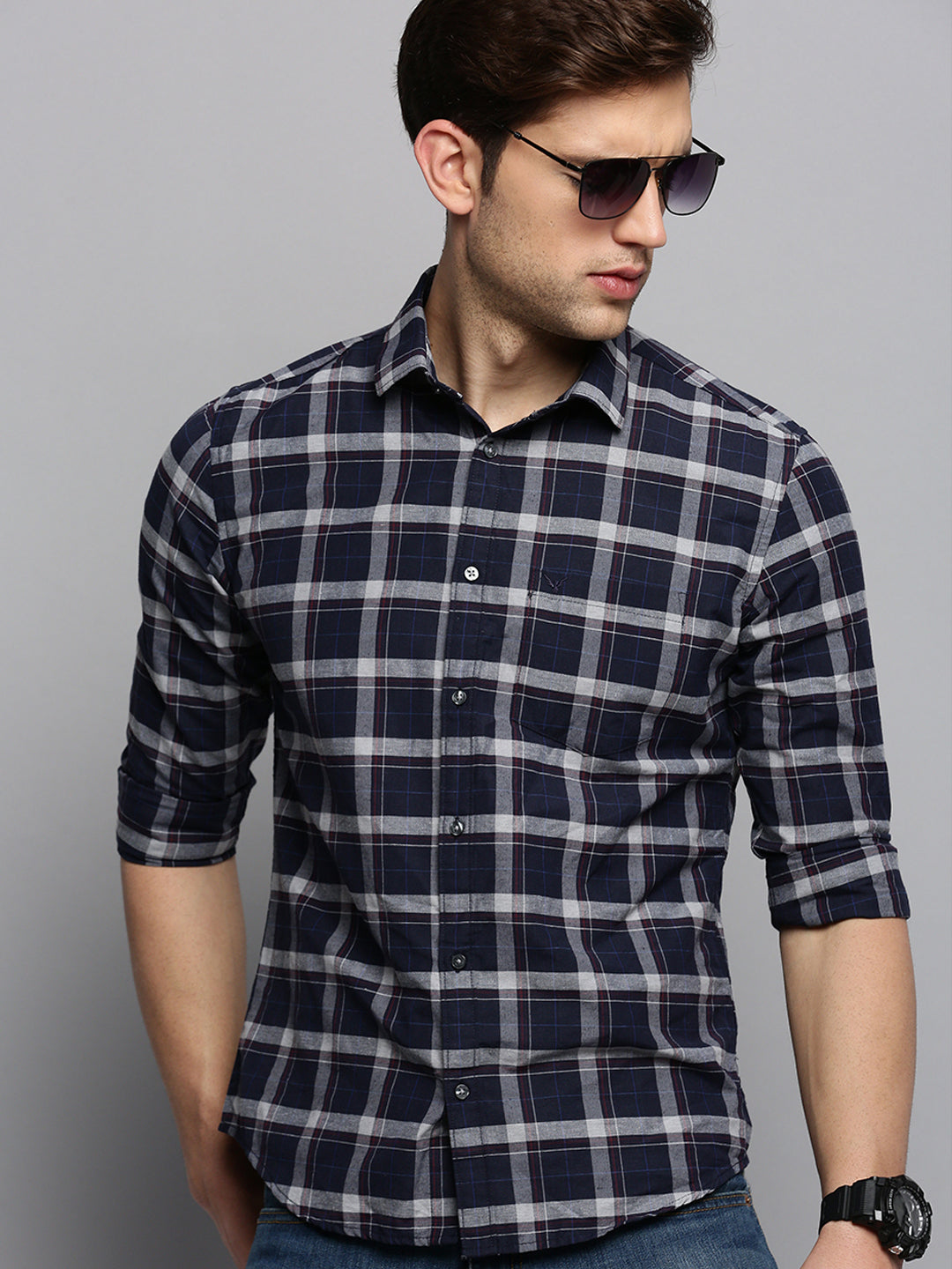 Men Spread Collar Checked Navy Blue Shirt